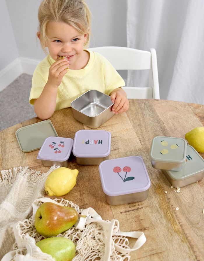 Edelstahl-Snackboxen im 3er Set mit Kirschmotiv für Kinder, BPA-frei, spülmaschinengeeignet, stapelbar, ideal für unterwegs ab 3 Jahren.