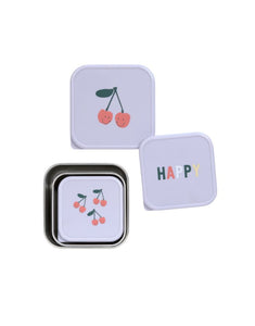 Edelstahl-Snackboxen im 3er Set mit Kirschmotiv für Kinder, BPA-frei, spülmaschinengeeignet, stapelbar, ideal für unterwegs ab 3 Jahren.