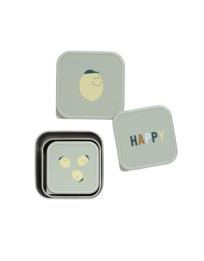 Snackbox 3er Set aus Edelstahl für Kinder, Zitronenmotiv, BPA-frei, spülmaschinengeeignet, platzsparend, aus der Happy Fruits Kollektion.