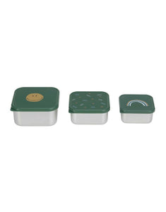 Grünes Edelstahl-Snackbox-Set für Kinder im Happy Rascals Smile Design, 3-teilig, BPA-frei, spülmaschinengeeignet, stapelbar, ideal für Snacks unterwegs ab 3 Jahren.