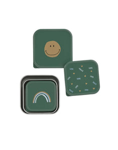 Grünes Edelstahl-Snackbox-Set für Kinder im Happy Rascals Smile Design, 3-teilig, BPA-frei, spülmaschinengeeignet, stapelbar, ideal für Snacks unterwegs ab 3 Jahren.
