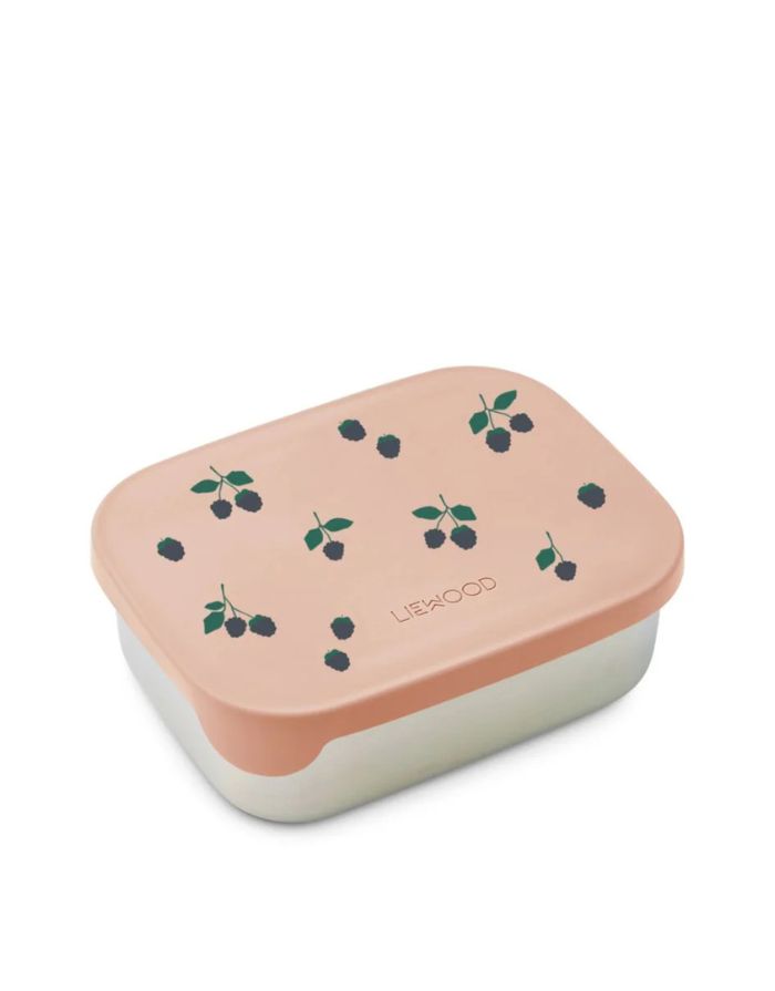 Liewood ARTHUR Lunchbox Berry/Pale Tuscany aus Edelstahl mit flexiblem Silikondeckel und drei Fächern.