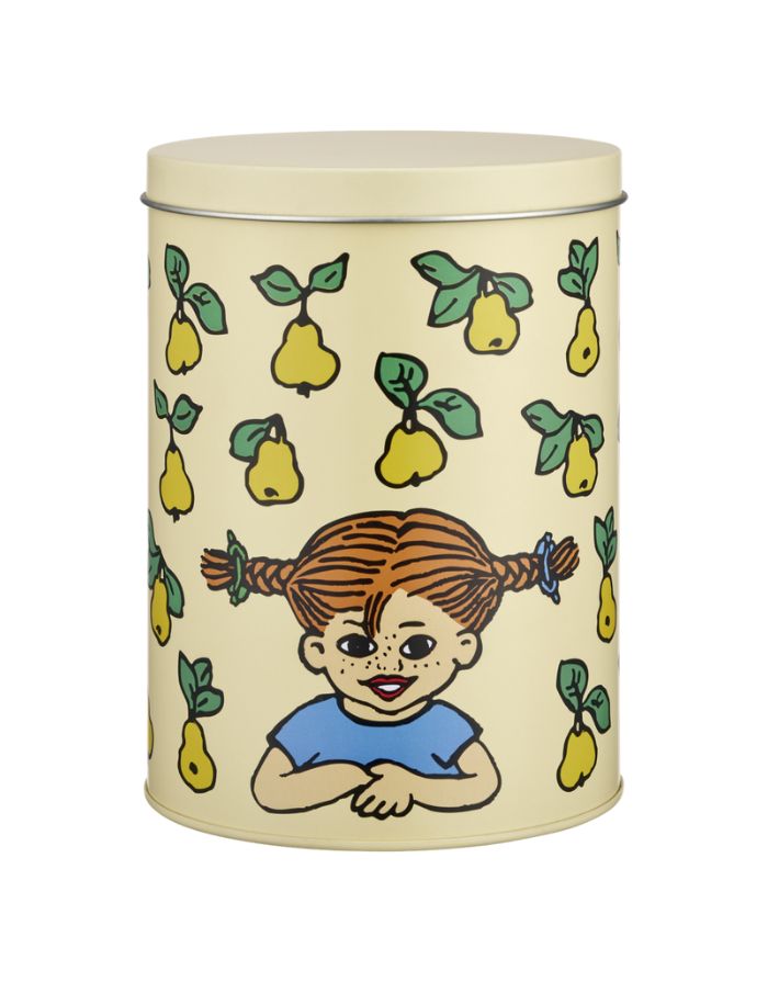 Metalldose Pippi Langstrumpf Fruits in Gelb von Muurla mit Pippi-Motiv, runde Aufbewahrungsdose, ca. 17 cm hoch