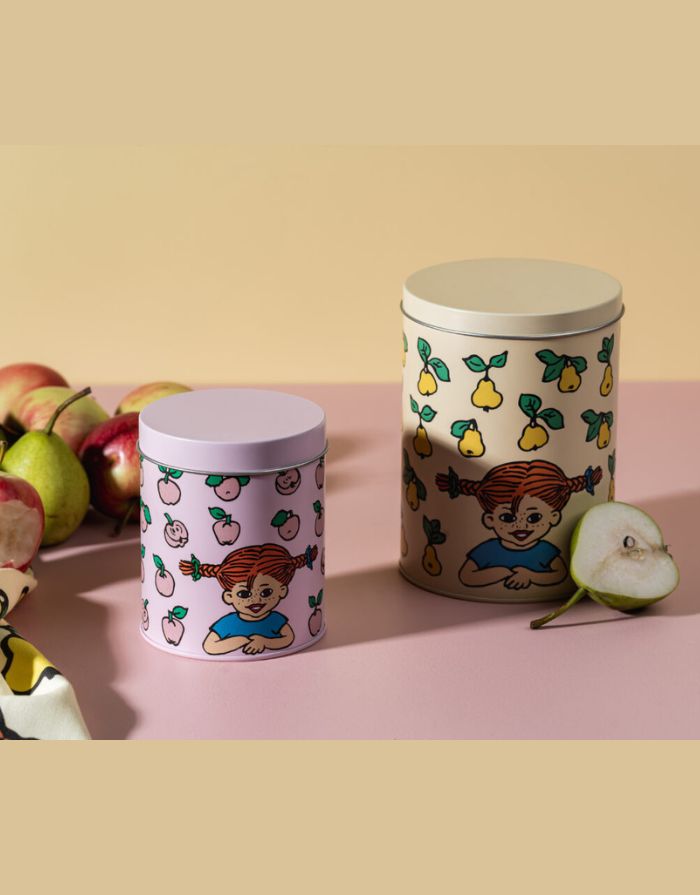 Metalldose Pippi Langstrumpf Fruits in Gelb von Muurla mit Pippi-Motiv, runde Aufbewahrungsdose, ca. 17 cm hoch