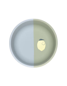 Blaue und grün Kinderschale aus Silikon mit Zitronenmotiv, BPA-frei, flexibel, mikrowellen- und spülmaschinengeeignet, ideal für Babys ab 6 Monaten.