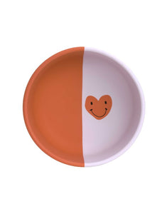Lila und rot Kinderschale aus Silikon mit Herzmotiv, BPA-frei, bruchfest, mikrowellen- und spülmaschinengeeignet, für Babys ab 6 Monaten.