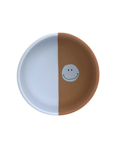 Hellblaue Kinderschale aus flexiblem Silikon mit Smiley-Motiv, BPA-frei, mikrowellen- und spülmaschinengeeignet, für Babys ab 6 Monaten.