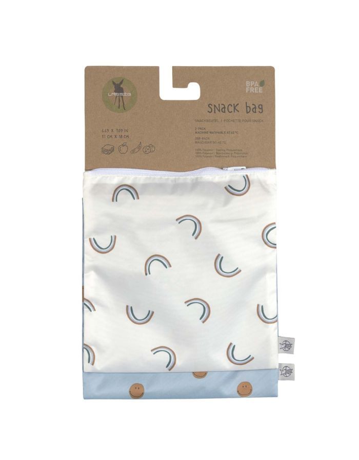 Wiederverwendbarer Snack Bag 2er Set für Kinder, Smile-Motiv in Blau, BPA-frei, wasserabweisend, 17 x 18 cm, Happy Rascals Kollektion von Lässig.