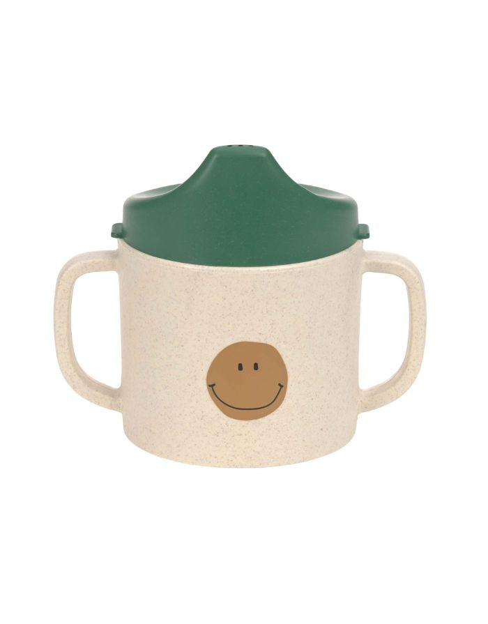 Grüner Trinklernbecher mit Smiley-Motiv, zwei Griffen und Antitropf-Ventil, BPA-frei, rutschfest, mikrowellen- und spülmaschinengeeignet, geeignet für Babys ab 6 Monaten.