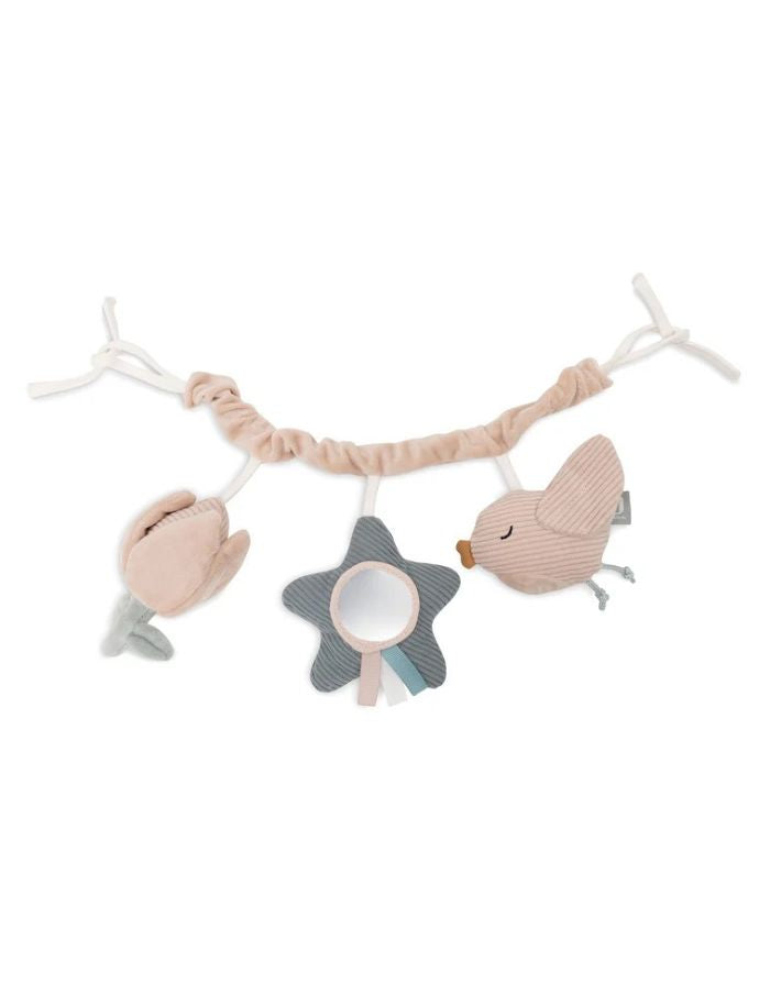 Jollein Kinderwagenkette „Lovely Birds“ mit Tulpe, Vogel und Vogelhäuschen mit Spiegel – aus Polyester, CE-zertifiziert, mit Glöckchen- und Knistereffekten.