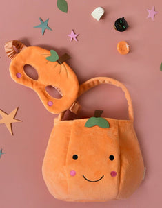 Rockahula Körbchen Little Pumpkin – orangefarbenes Samt-Kürbiskörbchen mit Gesicht, Stiel, Blatt und gestickten Details.