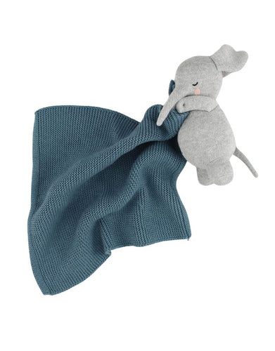 Ava und Yves Kuscheltuch Elefant Grau/Blau – Bio-Baumwollstrick mit recycelter Polyesterfüllung, ca. 25 × 25 cm.