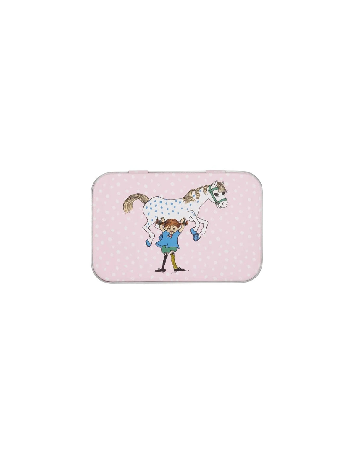 Pippi Langstrumpf Blechdose von Muurla mit Pippi und ihrem Pferd Kleiner Onkel, kleine dekorative Metalldose mit Deckel und nostalgischem Motiv, 10 x 6,5 cm als Freisteller von oben