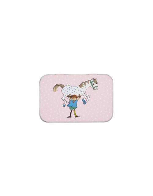 Pippi Langstrumpf Blechdose von Muurla mit Pippi und ihrem Pferd Kleiner Onkel, kleine dekorative Metalldose mit Deckel und nostalgischem Motiv, 10 x 6,5 cm als Freisteller von oben
