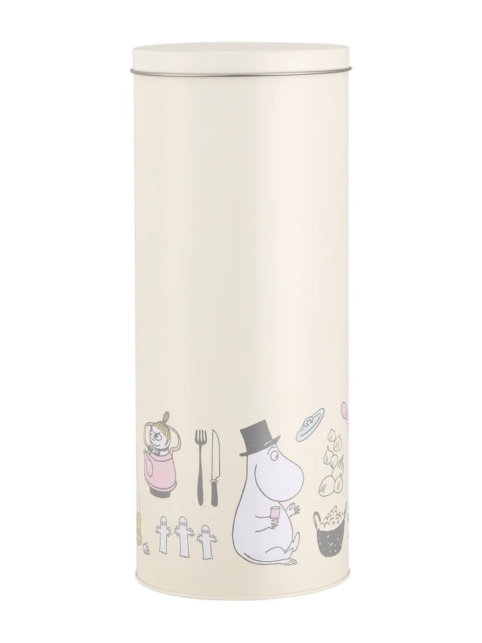 Moomin Spaghettidose Bon Appétit von Muurla, hohe dekorative Vorratsdose aus Metall mit liebevollem Moomin-Motiv und passendem Deckel, 27 cm hoch und 11 cm Durchmesser als Freisteller