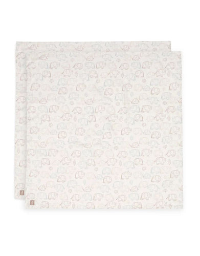 Jollein Mulltuch 2er Set „Elephant Tales“ – große 115x115 cm Musselin-Tücher aus Baumwolle mit süßem Elefanten-Print, OEKO-TEX zertifiziert, weich, saugfähig und schnell trocknend.