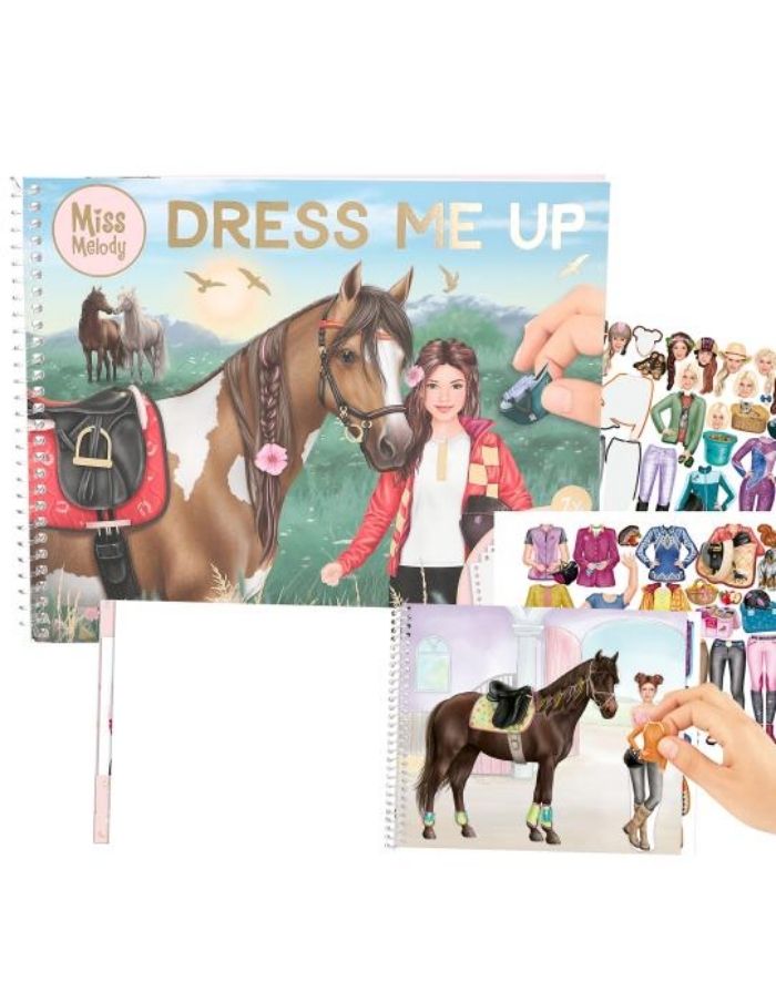 Miss Melody Dress Me Up Stickerbuch mit 24 Hintergrundseiten und 7 Stickerbögen zum Stylen von Pferden und Reiterinnen.