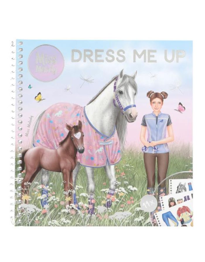 Miss Melody Dress Me Up Sticker- und Malbuch mit 24 Seiten und 11 Stickerbögen zum Gestalten von Pferden, Reiterinnen und Reit-Outfits.