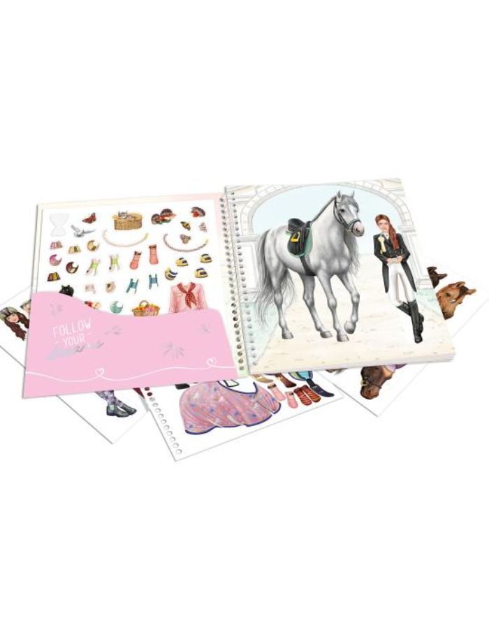 Miss Melody Dress Me Up Sticker- und Malbuch mit 24 Seiten und 11 Stickerbögen zum Gestalten von Pferden, Reiterinnen und Reit-Outfits.