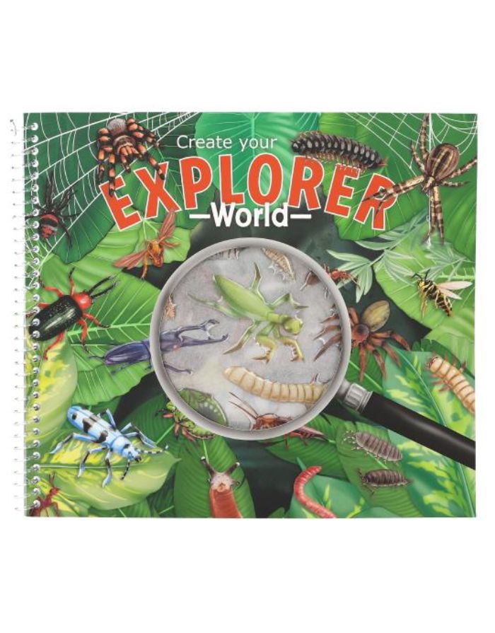 Dino World Explorer Stickerworld mit 16 Insekten-Hintergrundseiten, Relief-Folienstickern und lupenförmiger Aussparung im Cover.