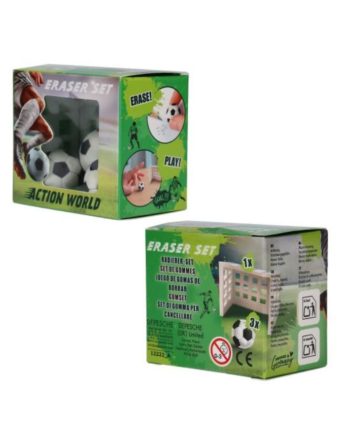 Dino World Action World Fußball-Radierer-Set mit kleinem Fußballtor und drei Radierern in Fußballform.