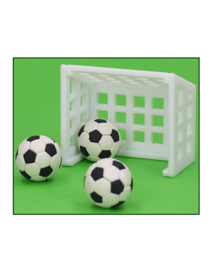 Dino World Action World Fußball-Radierer-Set mit kleinem Fußballtor und drei Radierern in Fußballform.