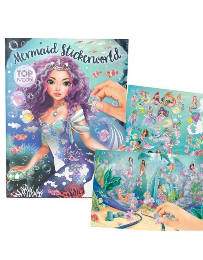 TOPModel Mermaid Stickerworld mit 26 illustrierten Unterwasser-Hintergrundseiten und 4 Stickerbögen mit Meerjungfrauen und Metallic-Effekten.