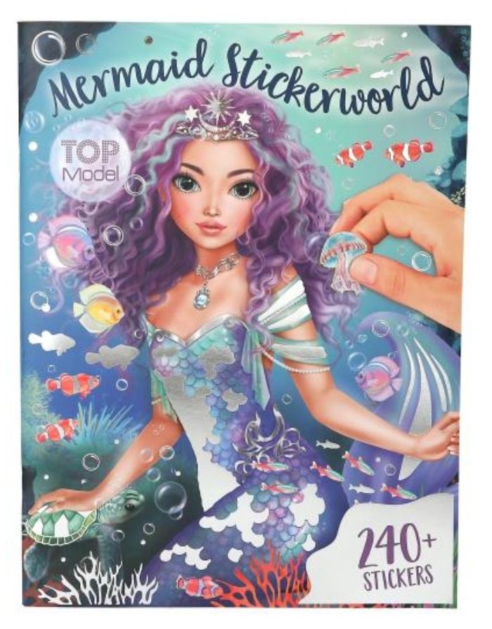TOPModel Mermaid Stickerworld mit 26 illustrierten Unterwasser-Hintergrundseiten und 4 Stickerbögen mit Meerjungfrauen und Metallic-Effekten.