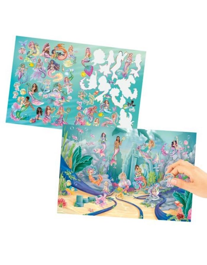 TOPModel Mermaid Stickerworld mit 26 illustrierten Unterwasser-Hintergrundseiten und 4 Stickerbögen mit Meerjungfrauen und Metallic-Effekten.