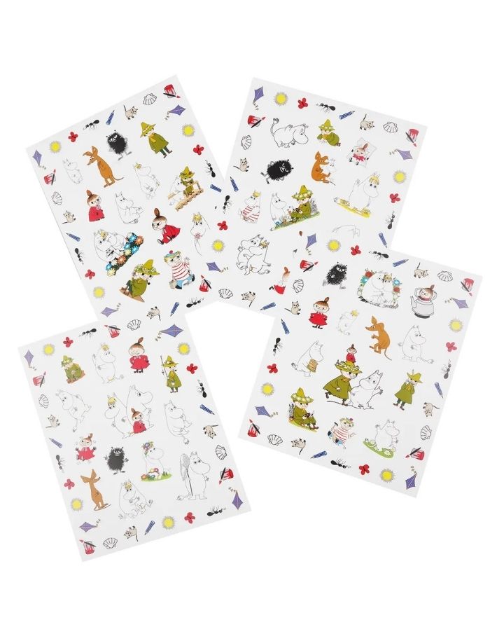  Moomin Sticker von Barbo Toys mit vier Stickerbögen zum Basteln, Dekorieren und kreativen Gestalten mit den Moomins alle vier Bögen als Freisteller
