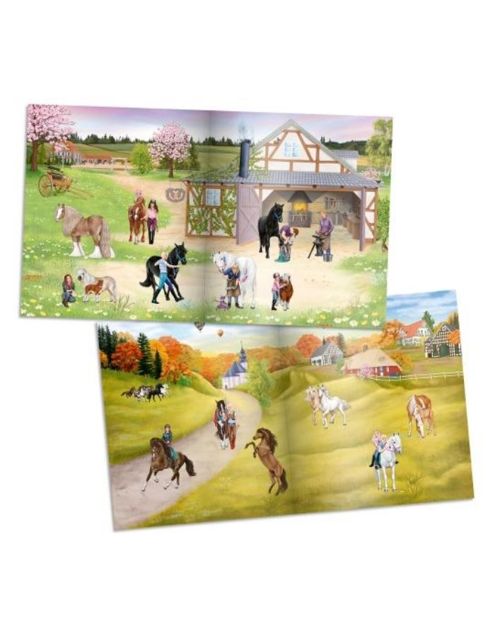 Miss Melody Pferde-Stickerbuch mit 24 illustrierten Hintergrundseiten sowie Folien- und Glitzer-Stickern rund um Pferde und Reiten.