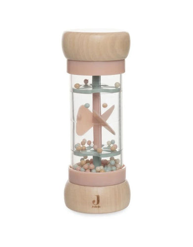 Jollein Regenmacher „Lovely Birds“ – Holzspielzeug mit Fee Amy und Vogelmotiv, transparentem Mittelstück und bunten Kugeln, CE- und FSC-zertifiziert.