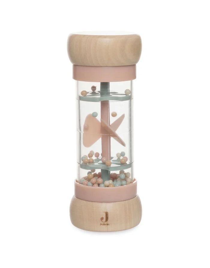 Jollein Regenmacher „Lovely Birds“ – Holzspielzeug mit Fee Amy und Vogelmotiv, transparentem Mittelstück und bunten Kugeln, CE- und FSC-zertifiziert.