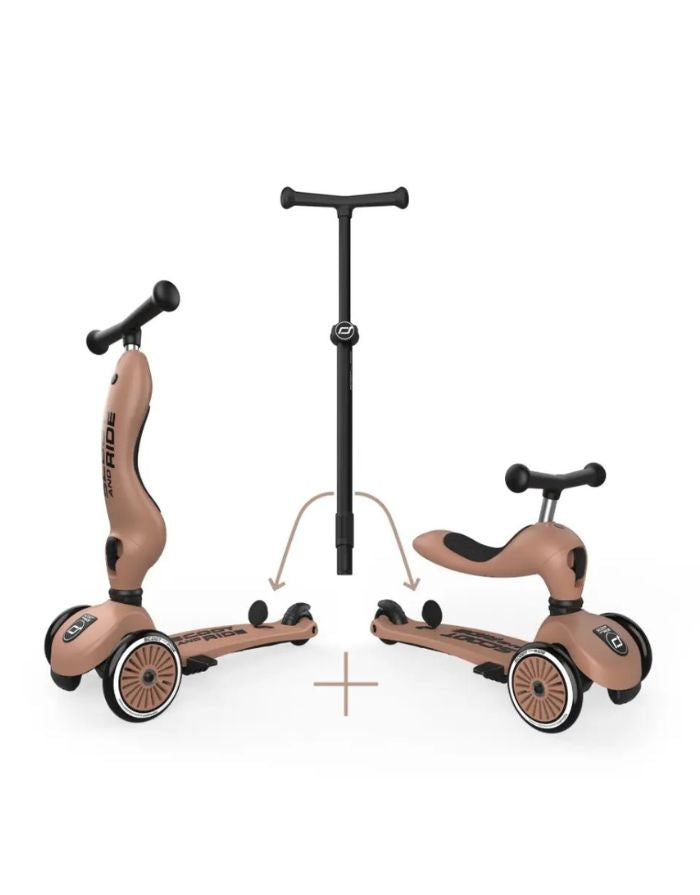  Scoot & Ride Highwaykick 1 Push and Go Mocha mit Eltern-Schiebestange als 2-in-1 Kinderroller für Kleinkinder.