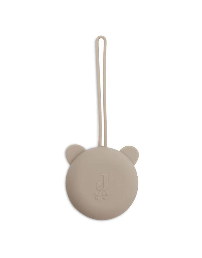 Jollein Silikon-Schnulleretui Ø 7 cm in der Farbe Olive Green – rundes, BPA-freies Etui mit Schlaufe zum sicheren Aufbewahren des Schnullers unterwegs.