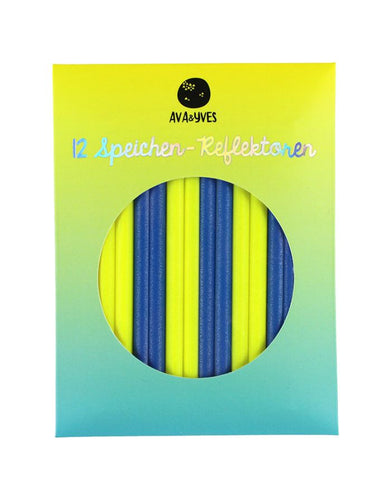 Ava & Yves Speichenreflektoren Neongelb/Blau – Set aus 12 hochreflektierenden Speichenclips (8 cm) aus wetterfester Reflexfolie für Fahrräder.