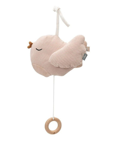 Jollein Spieluhr „Lovely Birds“ – rosa Vogel aus weichem Rippstoff mit bunten Etiketten, spielt Schuberts Wiegenlied, CE-zertifiziert.