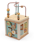 Aktivitäten-Würfel Jollies aus Holz von Jollein mit Formensortierer, Perlenspirale, Zahnrädern und Schiebelabyrinth für Kinder ab 2 Jahren.