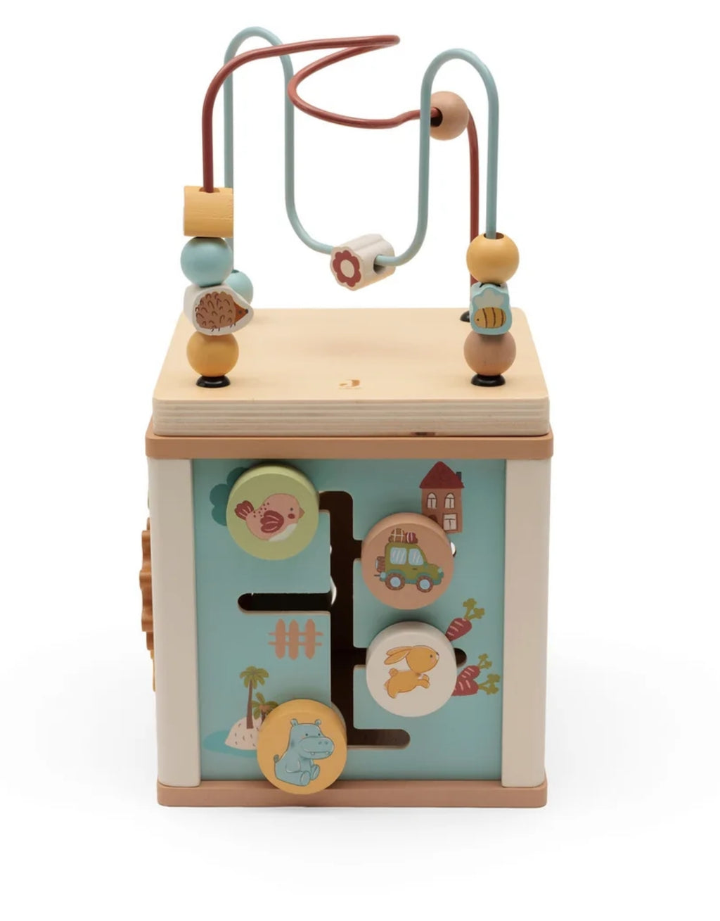 Aktivitäten-Würfel Jollies aus Holz von Jollein mit Formensortierer, Perlenspirale, Zahnrädern und Schiebelabyrinth für Kinder ab 2 Jahren.