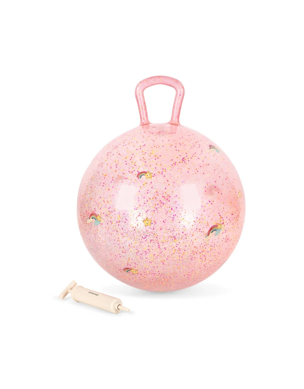 Großer Hüpfball Rainbow von Konges Sløjd mit Glitzer und praktischem Griff für Kinder ab 3 Jahren.