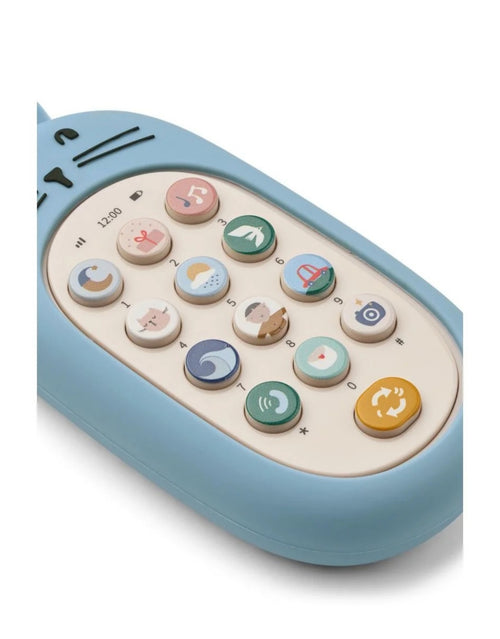 Blaues Fidi Spielzeugtelefon von Liewood in der Farbe Beach Blue mit niedlichem Hasendesign, 13 interaktiven Soundtasten und kindgerechter Form im Detail