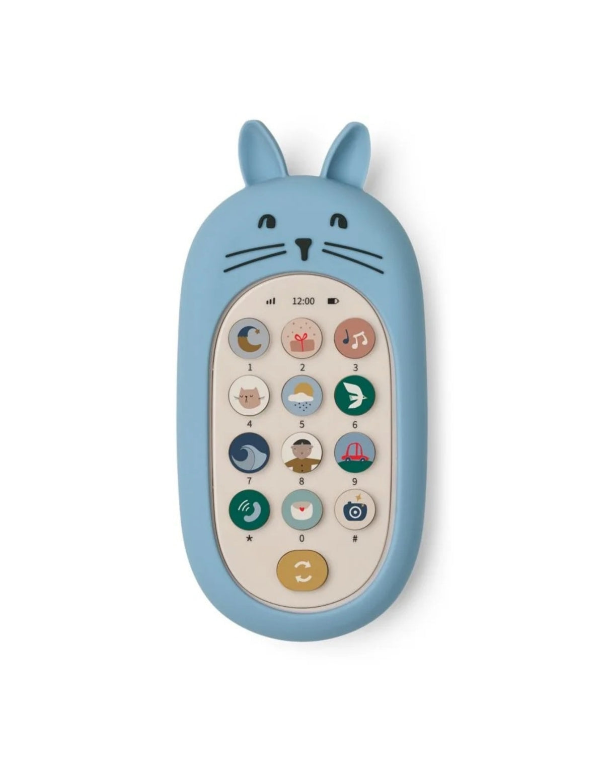 Blaues Fidi Spielzeugtelefon von Liewood in der Farbe Beach Blue mit niedlichem Hasendesign, 13 interaktiven Soundtasten und kindgerechter Form von vorne 