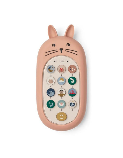 Rosa Fidi Spielzeugtelefon von Liewood in der Farbe Pale Tuscany mit niedlichem Hasendesign, 13 interaktiven Soundtasten und kindgerechter Form.