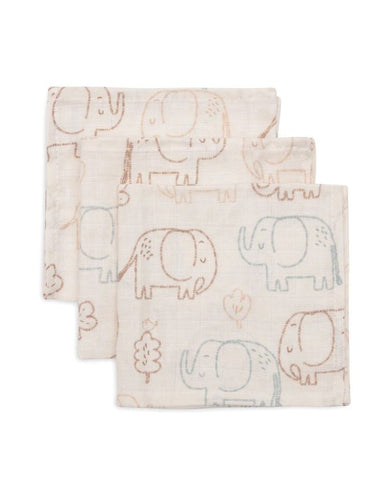 Jollein Spucktuch 3er Set „Elephant Tales“ – 31x31 cm Musselin-Mulltücher aus Baumwolle mit Elefantenprint, OEKO-TEX zertifiziert.