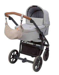 Beige Umhängetasche für Eltern, Stretch Up Bum Bag von LÄSSIG, wasserabweisend, recyceltes Innenmaterial, PFC-frei, mit Kinderwagenhaken.