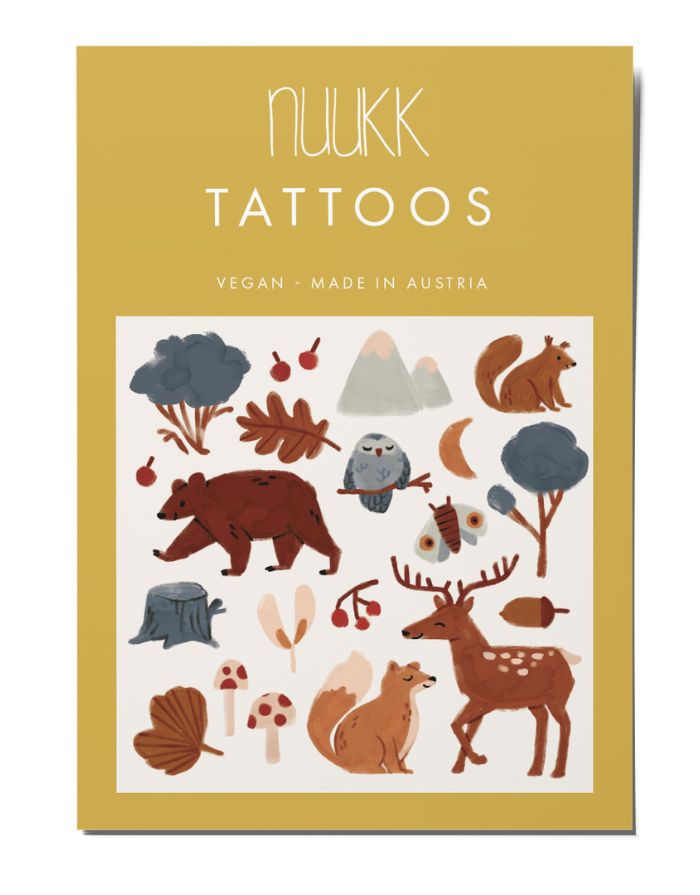 Kindertattoos Schwarzwald von NUUKK, vegane Wassertransfer-Tattoos mit Bauernhofmotiven, Größe DIN A6, dermatologisch getestet, plastikfrei verpackt.