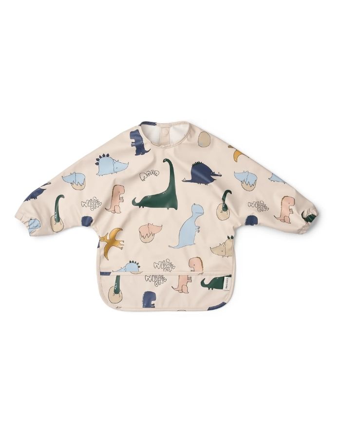 Liewood Ärmellätzchen Dino Roar/Sandy mit langen Ärmeln, Dino-Print, elastischen Bündchen und großer Auffangtasche.