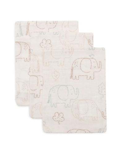 Jollein Waschlappen Musselin 3er Set „Elephant Tales“ – weiche hydrophile Baumwoll-Waschlappen mit Elefantenprint, OEKO-TEX zertifiziert, sanft zur Babyhaut.