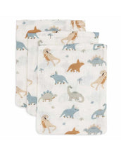 Laden Sie das Bild in den Galerie-Viewer, Jollein Waschlappen Musselin 3er Set „Roarsome“ – weiche hydrophile Baumwoll-Waschlappen mit Dinosaurier-Print, OEKO-TEX zertifiziert, ideal für empfindliche Babyhaut.

