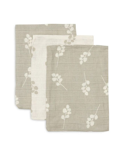 Jollein Waschlappen Musselin 3er Set „Twig“ – hydrophile Baumwoll-Waschlappen mit Zweigprint, in Olive Green oder Wild Rose, OEKO-TEX zertifiziert, weich zur Babyhaut.